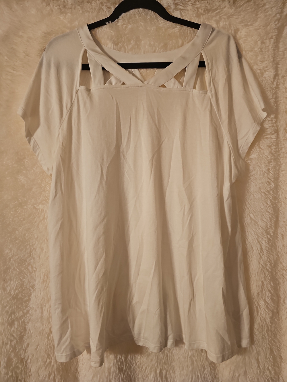 Lane Bryant Cream Short Sleeve Tunic with Lattice Yoke